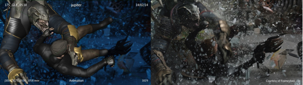 Side by side comparison showing real-time VFX in the movie Jupiter Ascending.