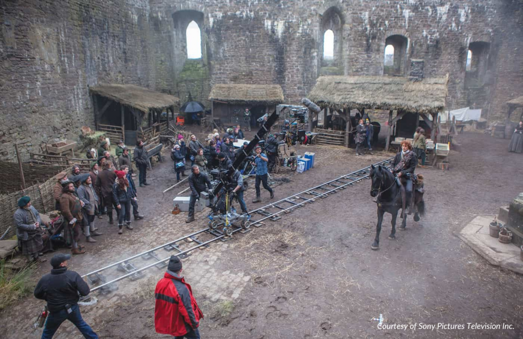 A behind the scenes photo from Outlander shows cast and crew inside a castle keep.