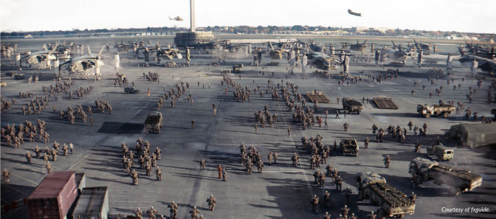 An airstrip covered in soldiers and military vehicles in the film Edge of Tomorrow.
