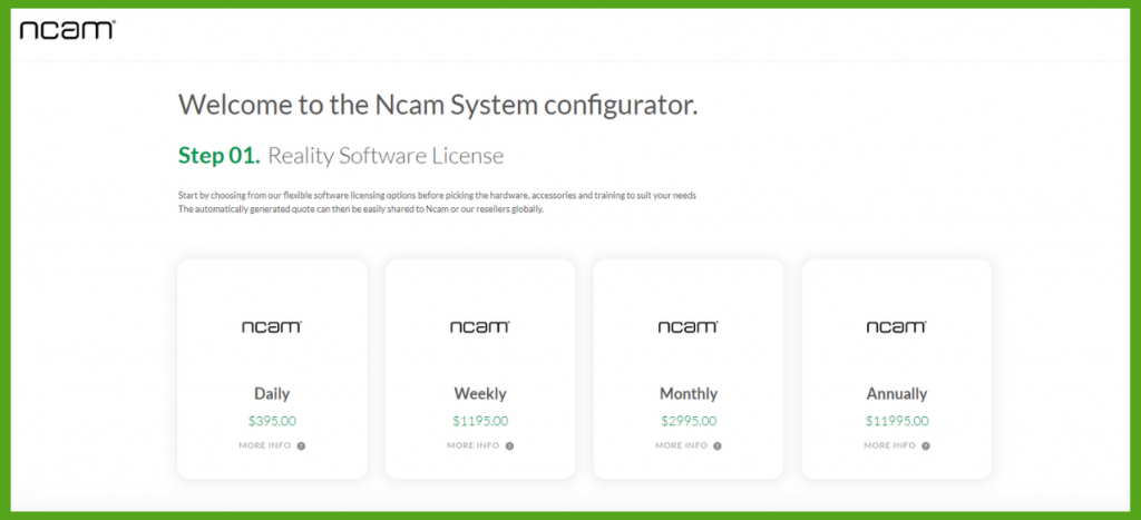 The Ncam System configurator, showing different pricing rates for daily, weekly, monthly, and annual Reality Software license options for in-camera VFX.