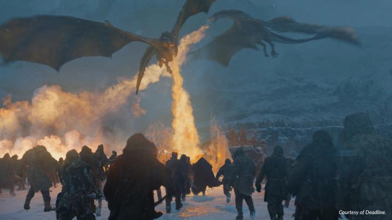 Two Game of Thrones dragons breathing fire over an army of soldiers. 